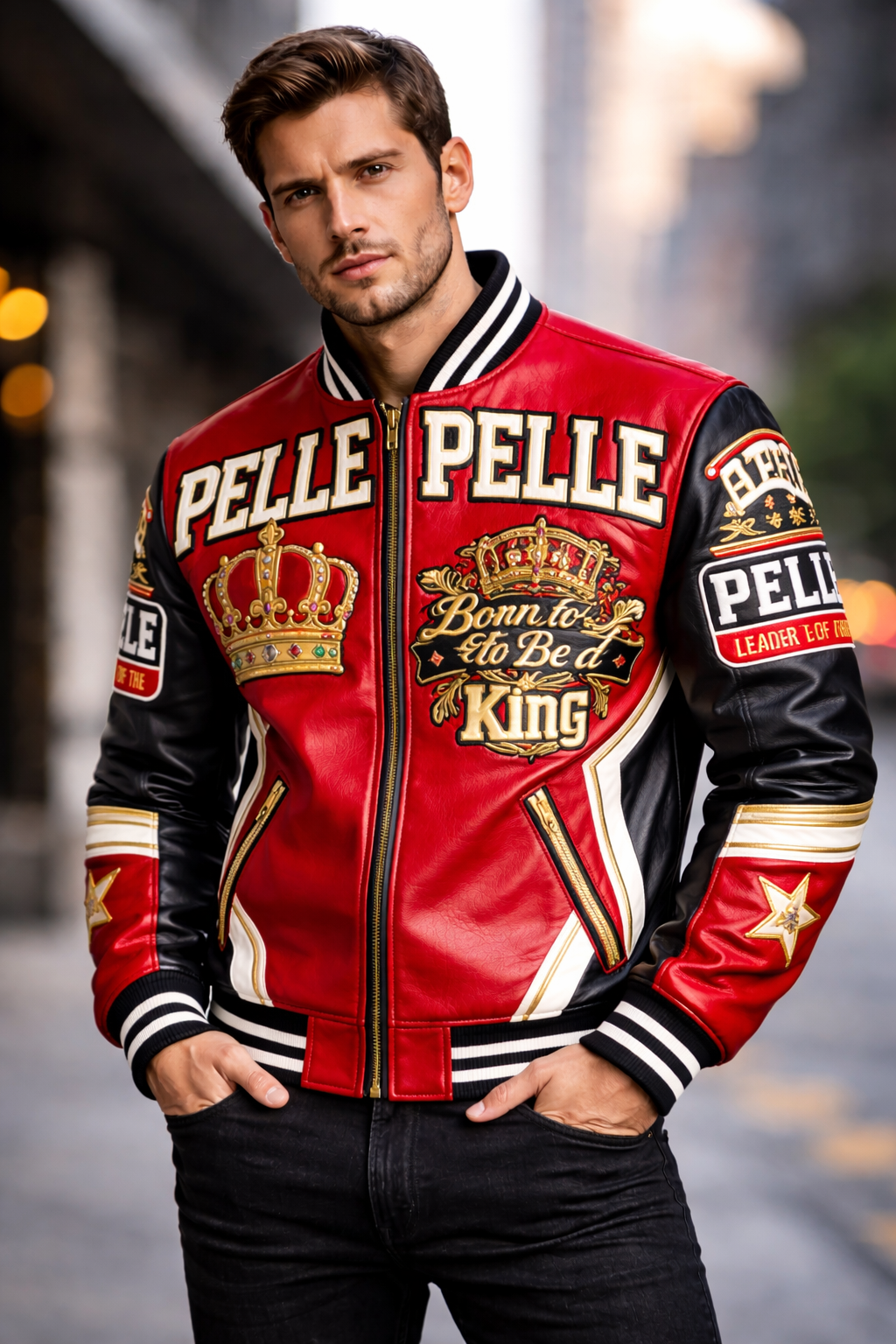 Men’s Pelle Pelle Red Leather Varsity Jacket – Embroidered Crown “Born To Be A King” Designer Statement Coat
