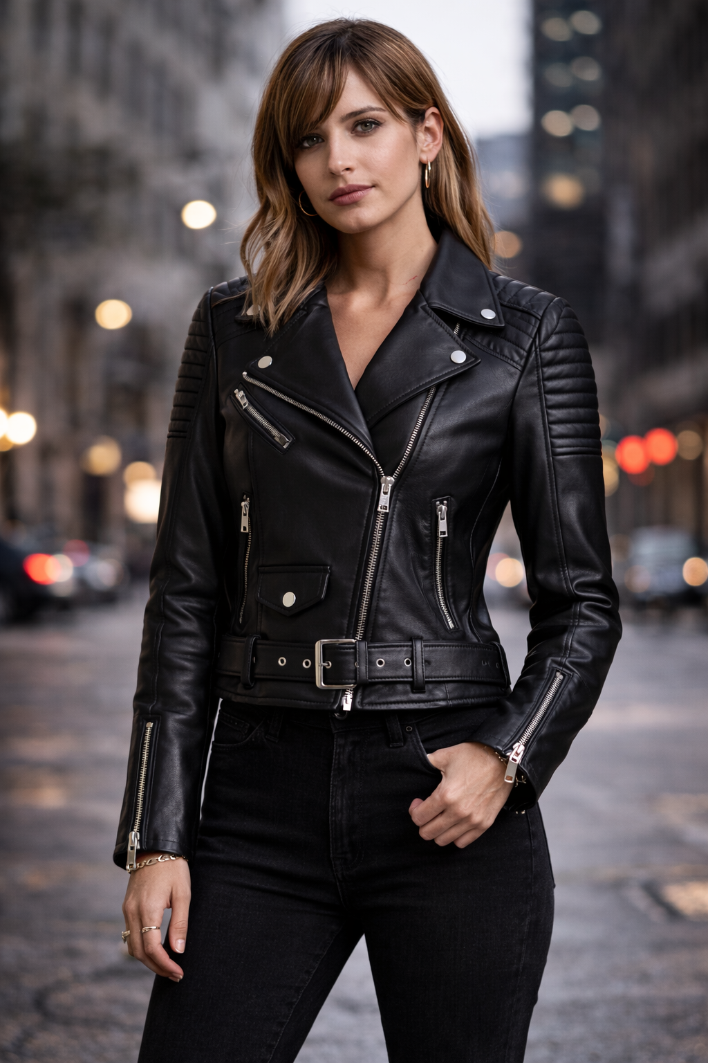 Women’s Black Leather Biker Jacket – Slim Fit Moto Style Asymmetrical Zip Motorcycle Coat