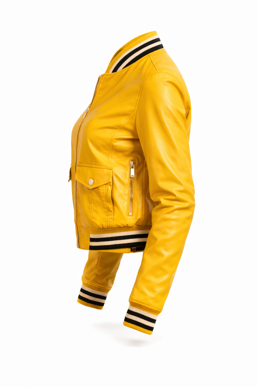 Women’s Yellow Leather Bomber Jacket – Celebrity-Inspired Slim Fit Varsity Style Zip-Up Coat - Image 4
