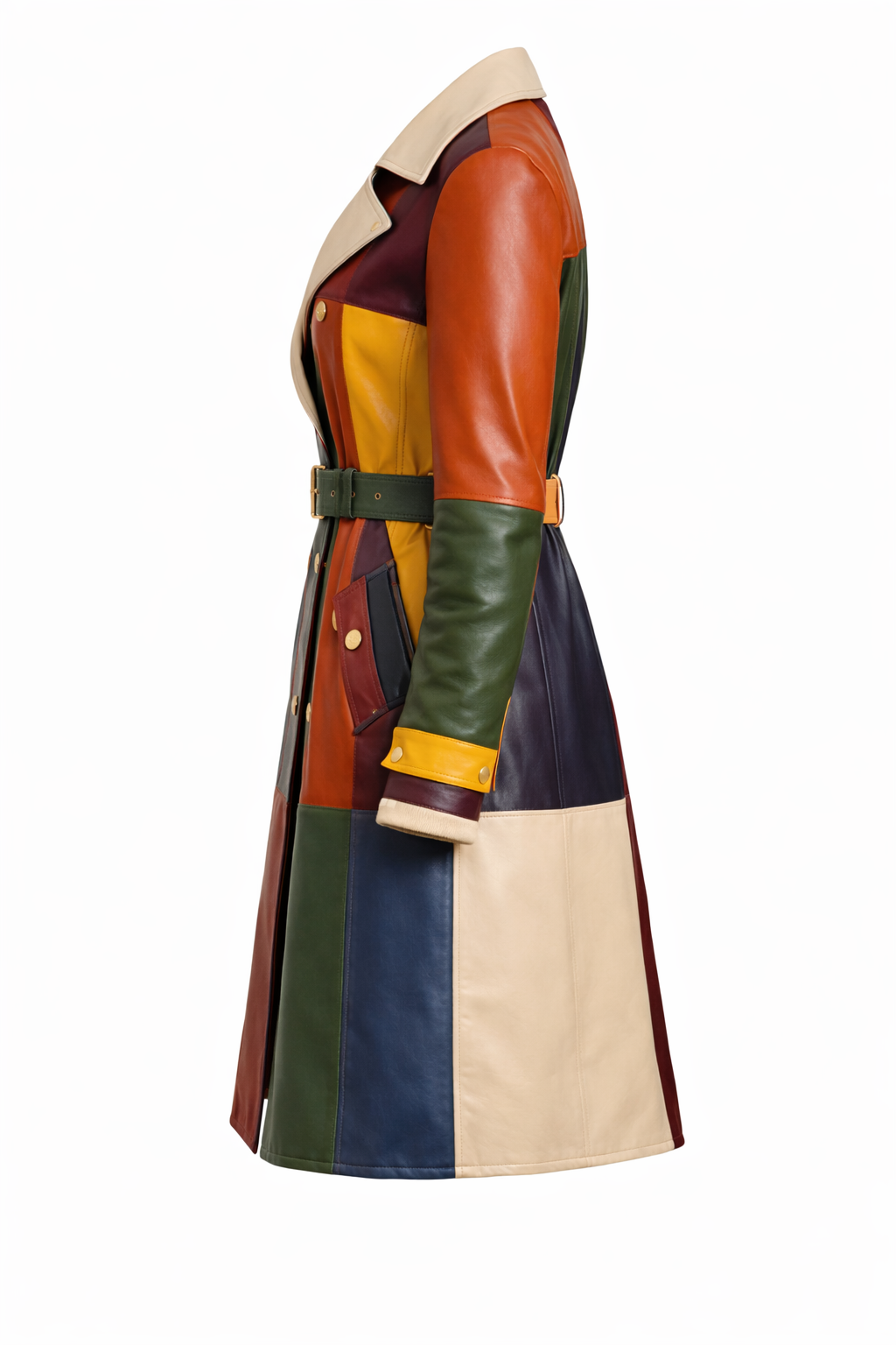 Women's Multicolor Patchwork Leather Trench Coat – Belted Long Designer Statement Coat - Image 3