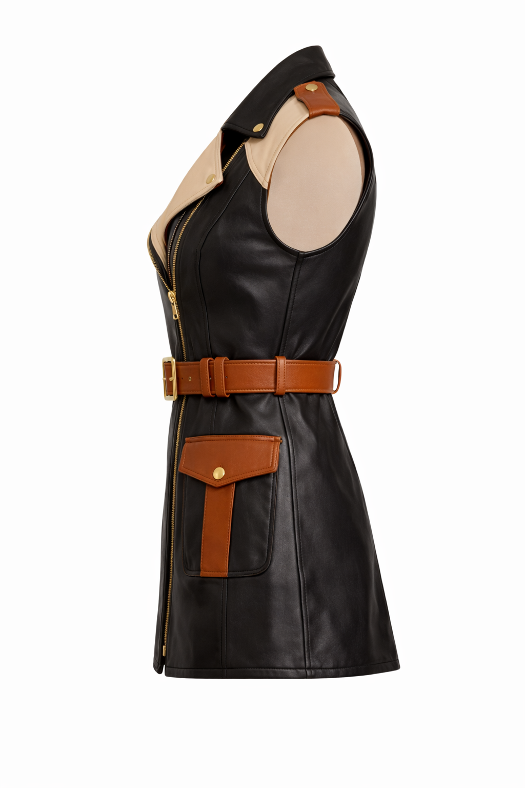 Women's Belted Leather Vest – Sleeveless Designer Moto Waistcoat with Gold Zipper & Utility Pockets - Image 3