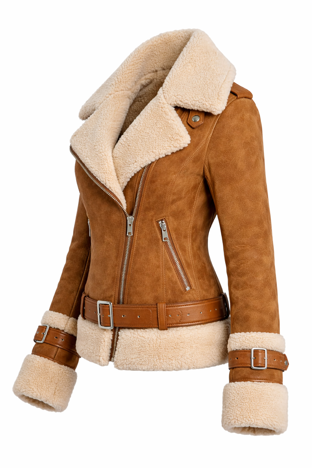 Women’s Shearling Aviator Jacket – Faux Suede Leather Biker Coat with Plush Fur Collar & Belted Waist - Image 3