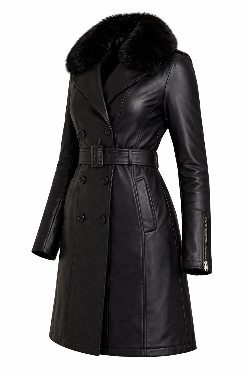 Women’s Black Leather Trench Coat – Double Breasted Winter Coat with Faux Fur Collar & Belted Waist - Image 4