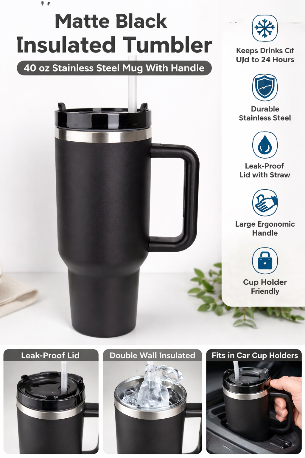40 oz Matte Black Insulated Tumbler with Handle – Stainless Steel Travel Mug with Straw Lid | Double Wall Vacuum Cup for Gym, Office & Car - Image 2