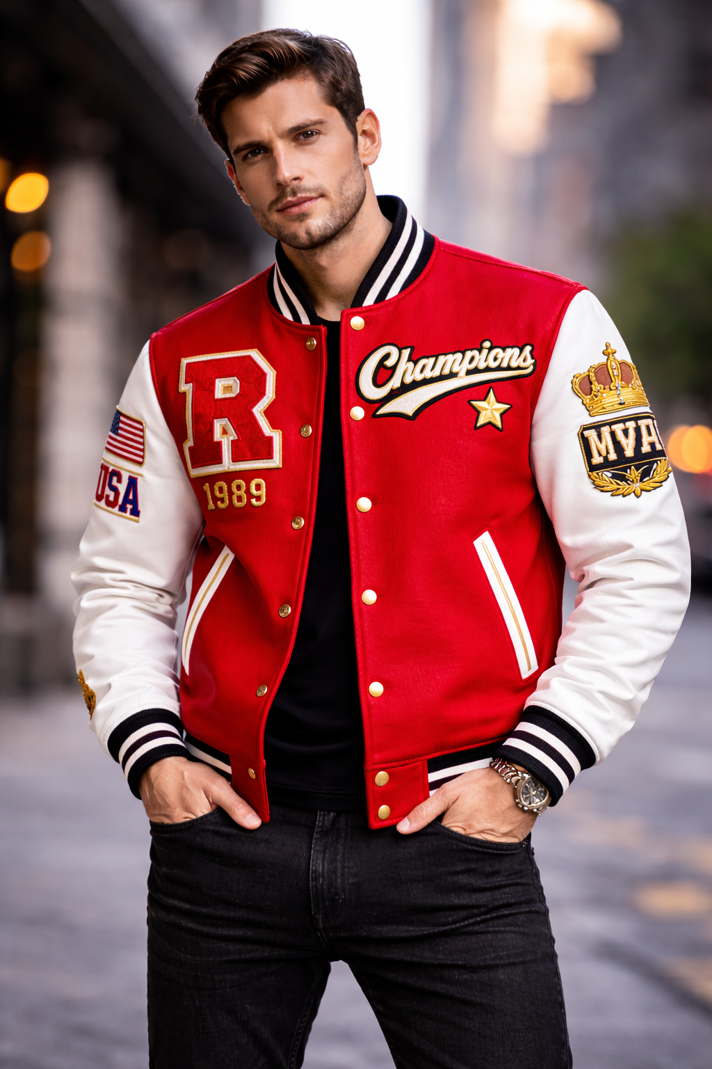 Men’s Red & White Varsity Jacket – Champions 1989 Athletic Letterman College Style Coat