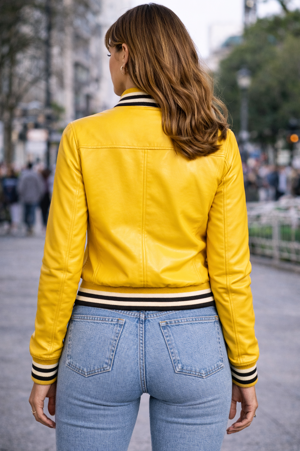 Women’s Yellow Leather Bomber Jacket – Celebrity-Inspired Slim Fit Varsity Style Zip-Up Coat - Image 2