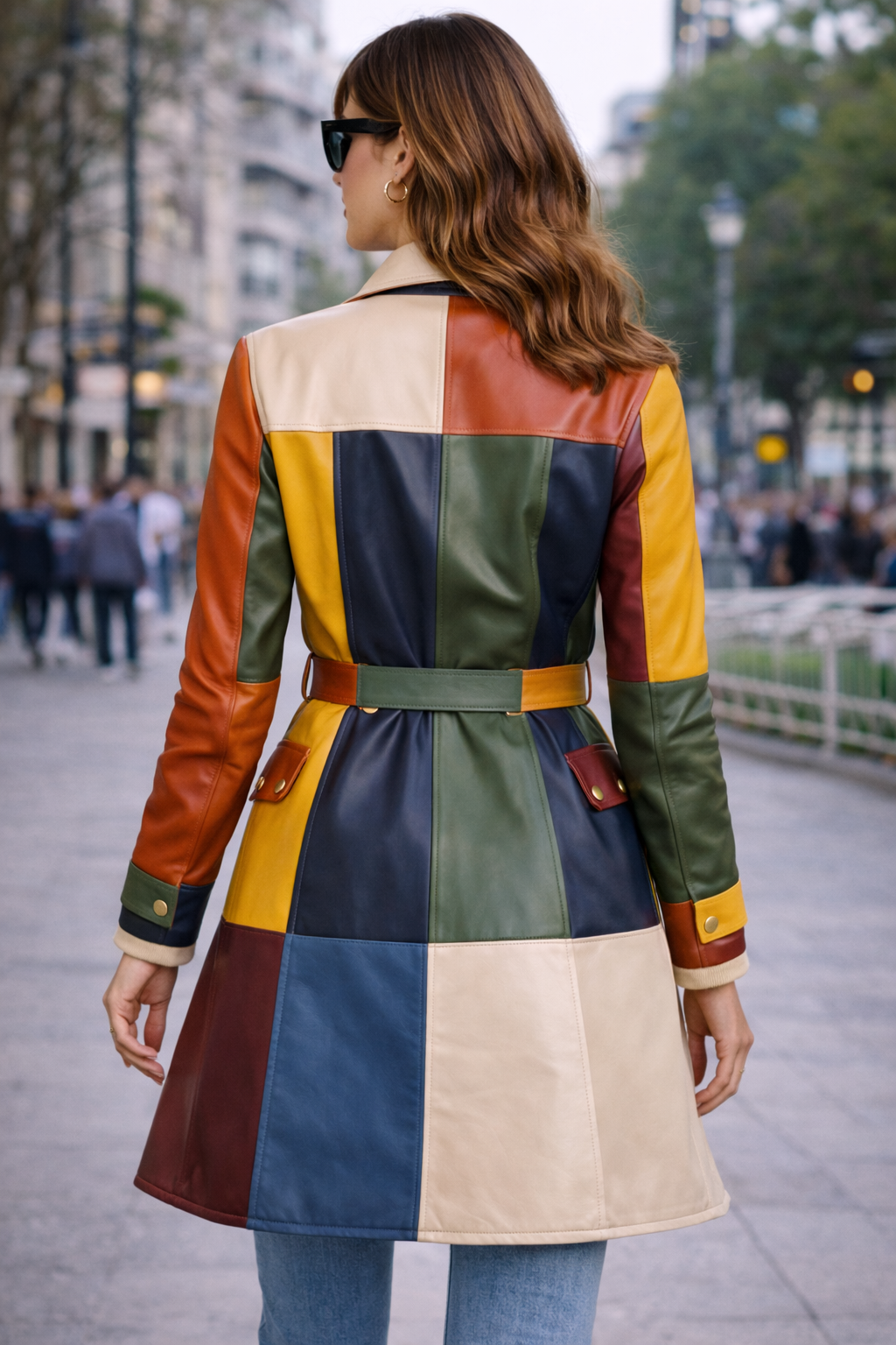 Women's Multicolor Patchwork Leather Trench Coat – Belted Long Designer Statement Coat - Image 2