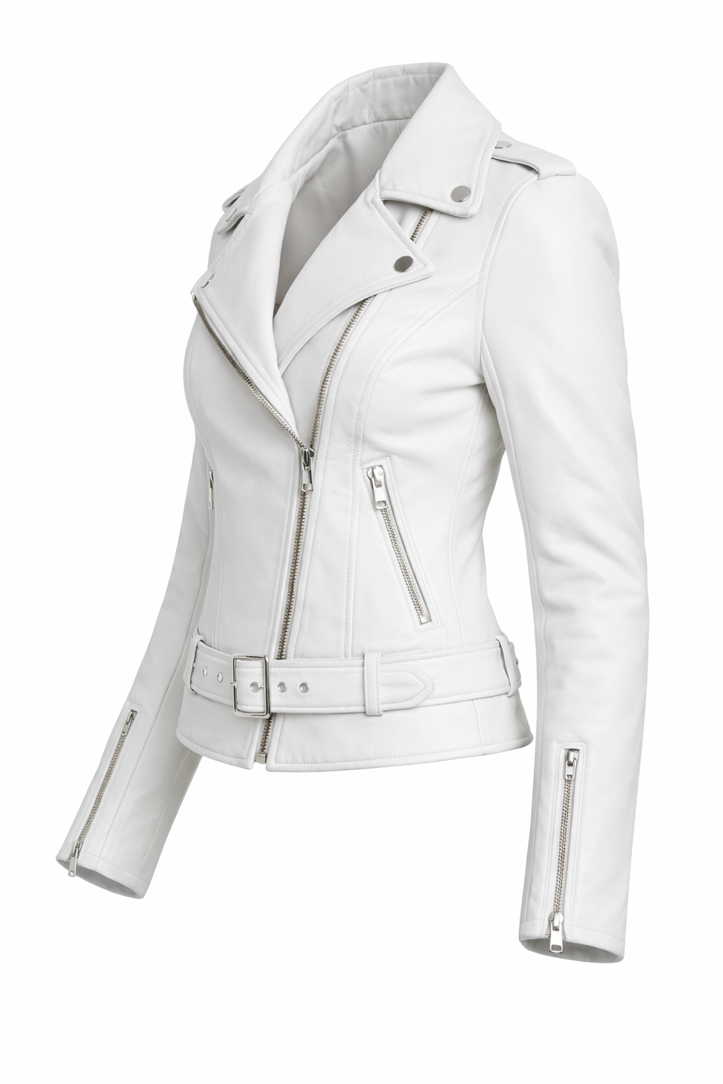 Women’s White Slim Fit Leather Jacket – Belted Moto Biker Coat with Silver Zipper Details - Image 4