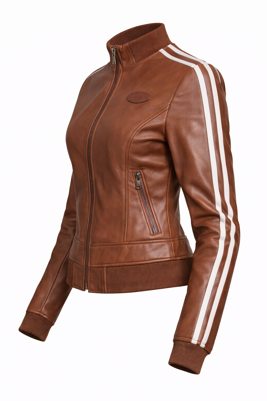 Women’s Brown Leather Sports Jacket – Slim Fit Track Style Coat with Stripe Sleeve Detail - Image 4