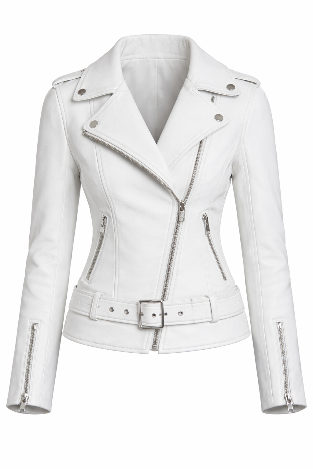 Women’s White Slim Fit Leather Jacket – Belted Moto Biker Coat with Silver Zipper Details - Image 3