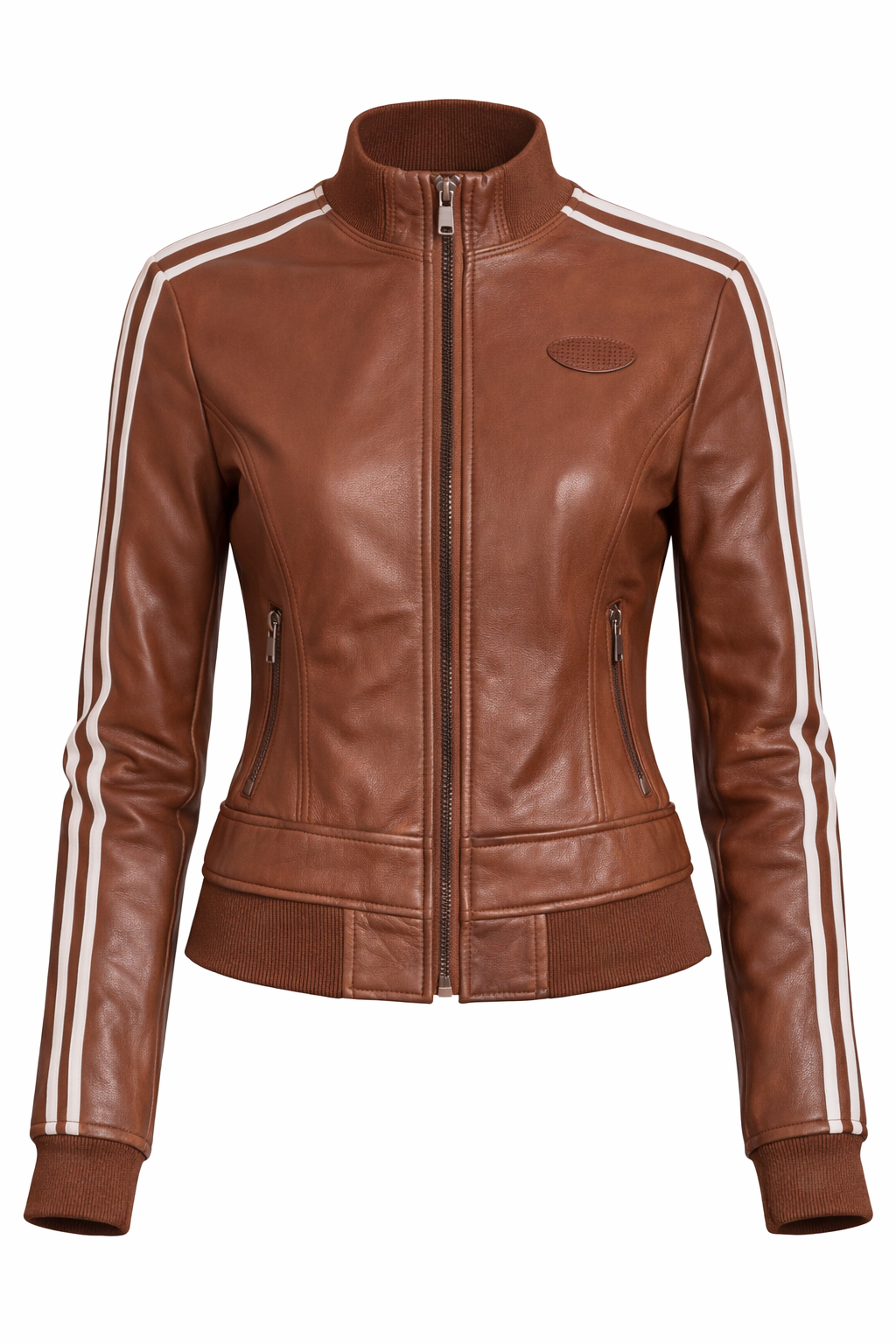 Women’s Brown Leather Sports Jacket – Slim Fit Track Style Coat with Stripe Sleeve Detail - Image 3