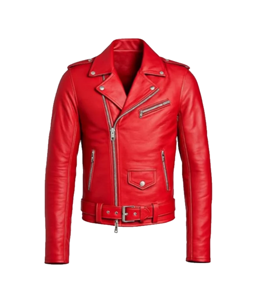 Men’s Crimson Red Asymmetric Leather Biker Jacket
