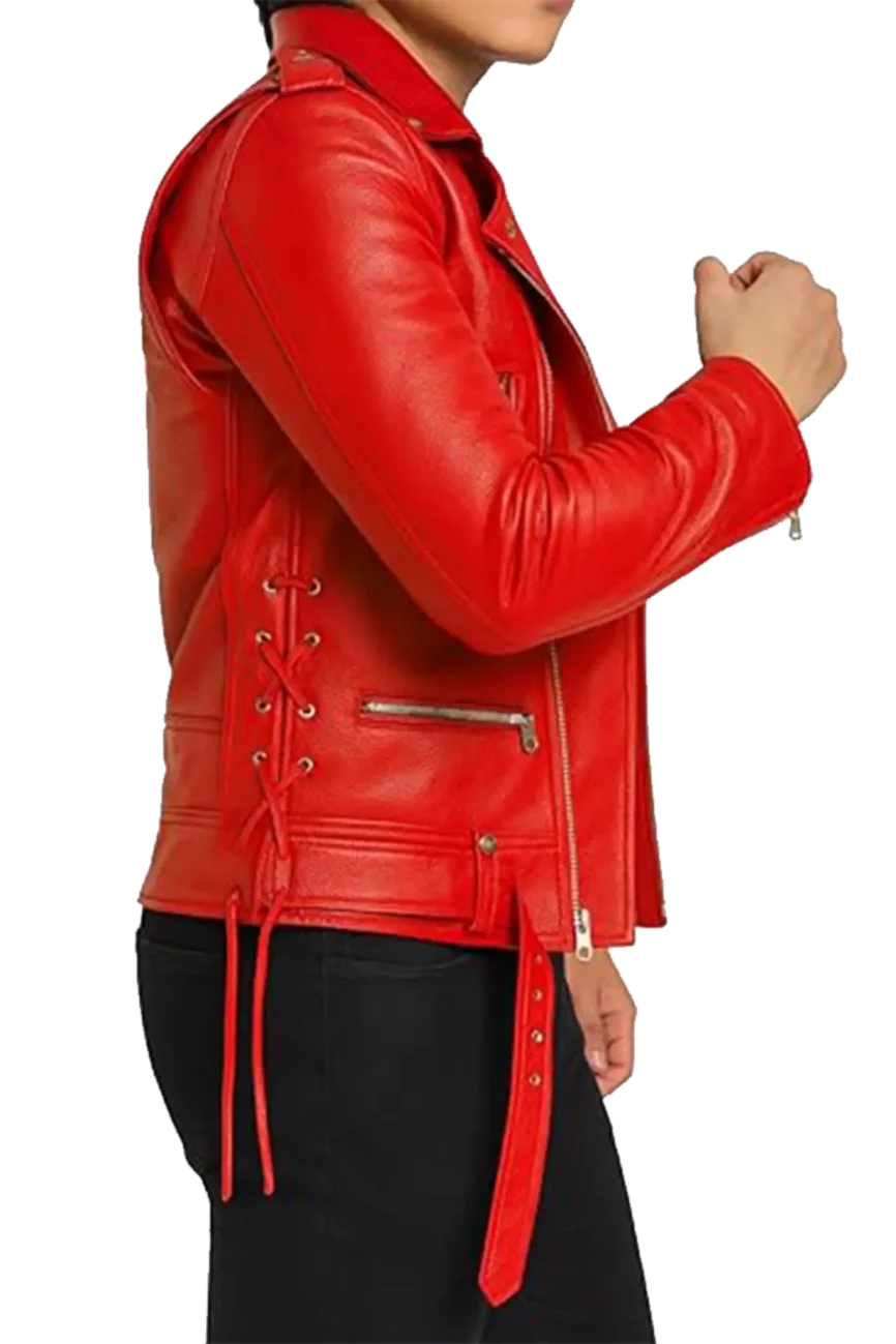 Men’s Crimson Red Asymmetric Leather Biker Jacket