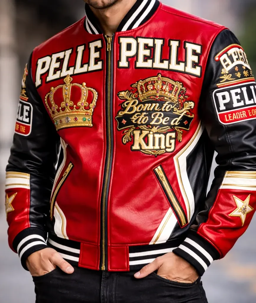 Pelle Pelle Born To Be King Red Leather Varsity Jacket