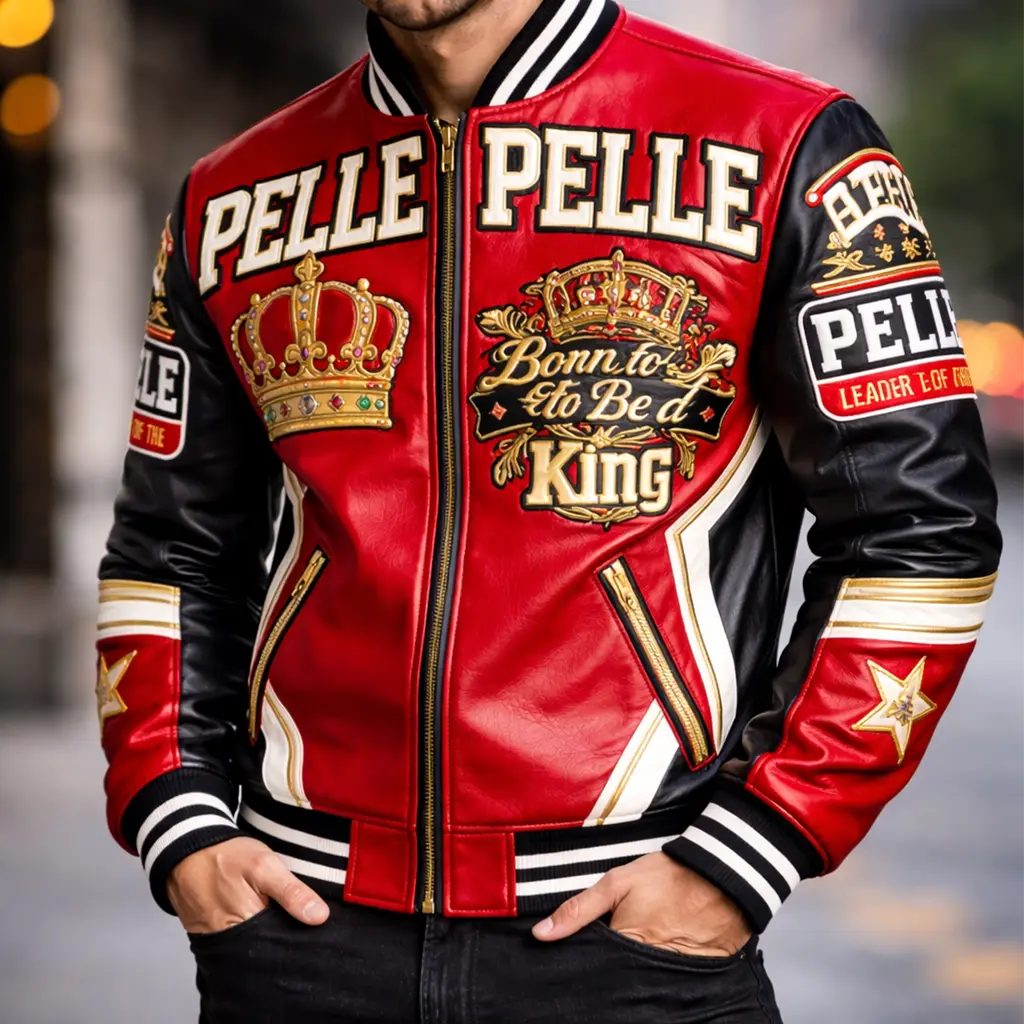 Pelle Pelle Born To Be King Red Leather Varsity Jacket