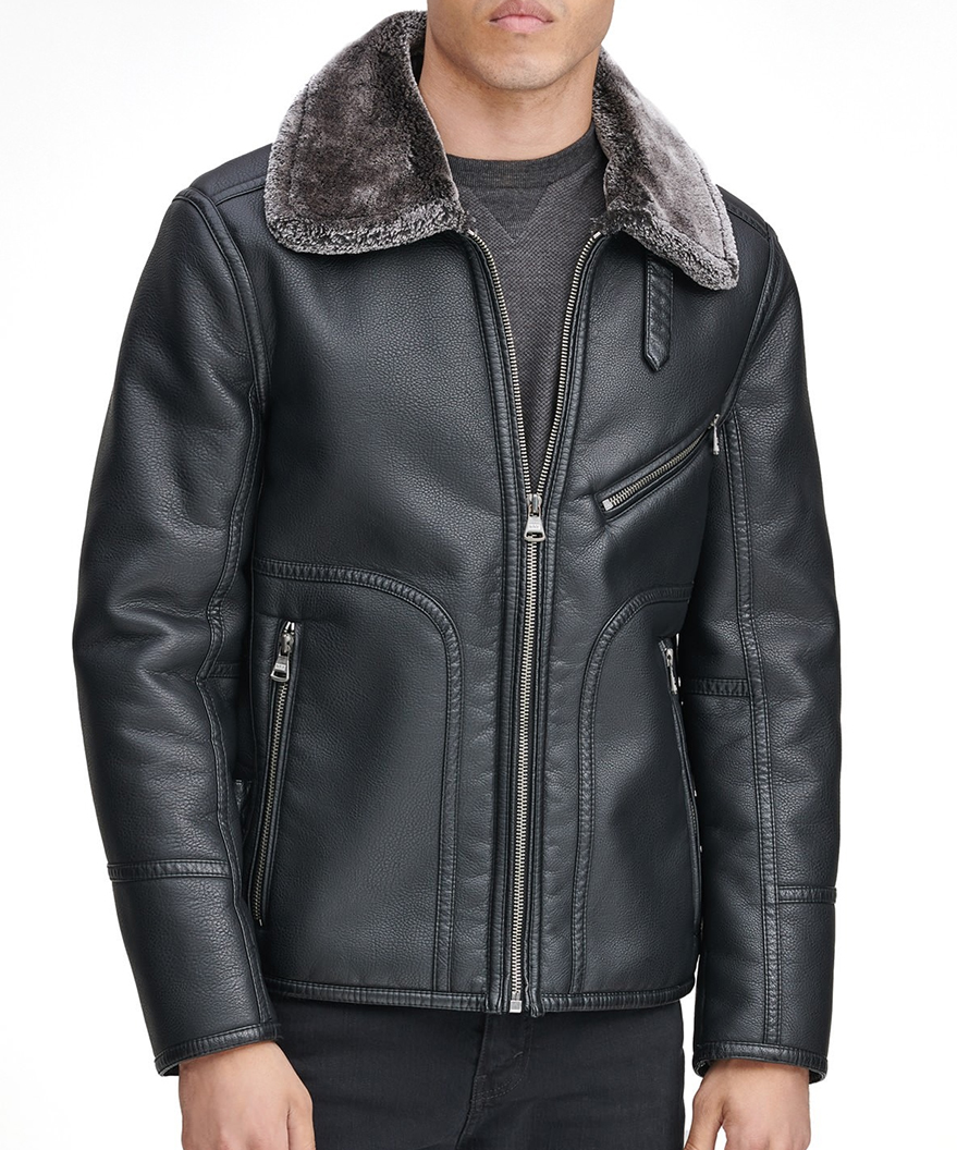 Lawrence Faux Shearling Collar Pilot Leather Jacket