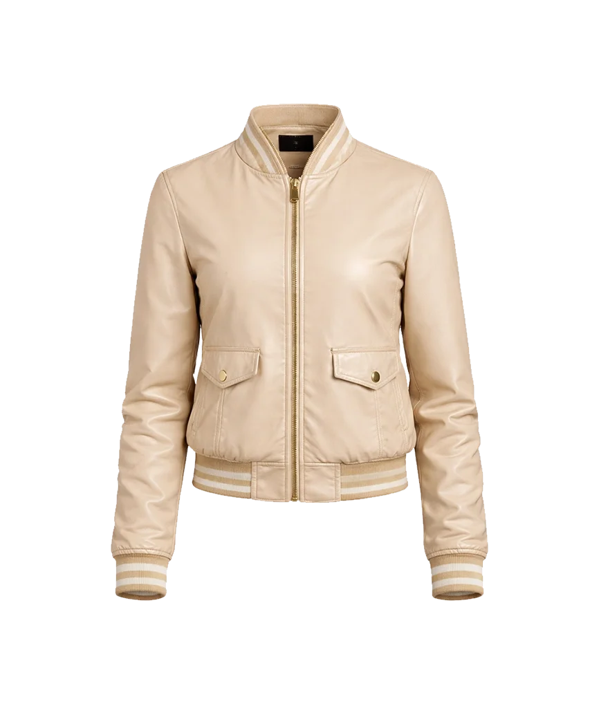 Beige Leather Flap Pocket Women’s Bomber Jacket