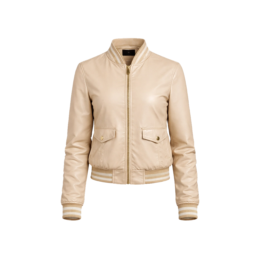 Beige Leather Flap Pocket Women’s Bomber Jacket