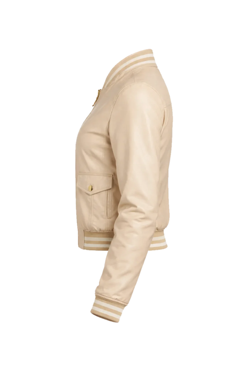 Beige Leather Flap Pocket Women’s Bomber Jacket