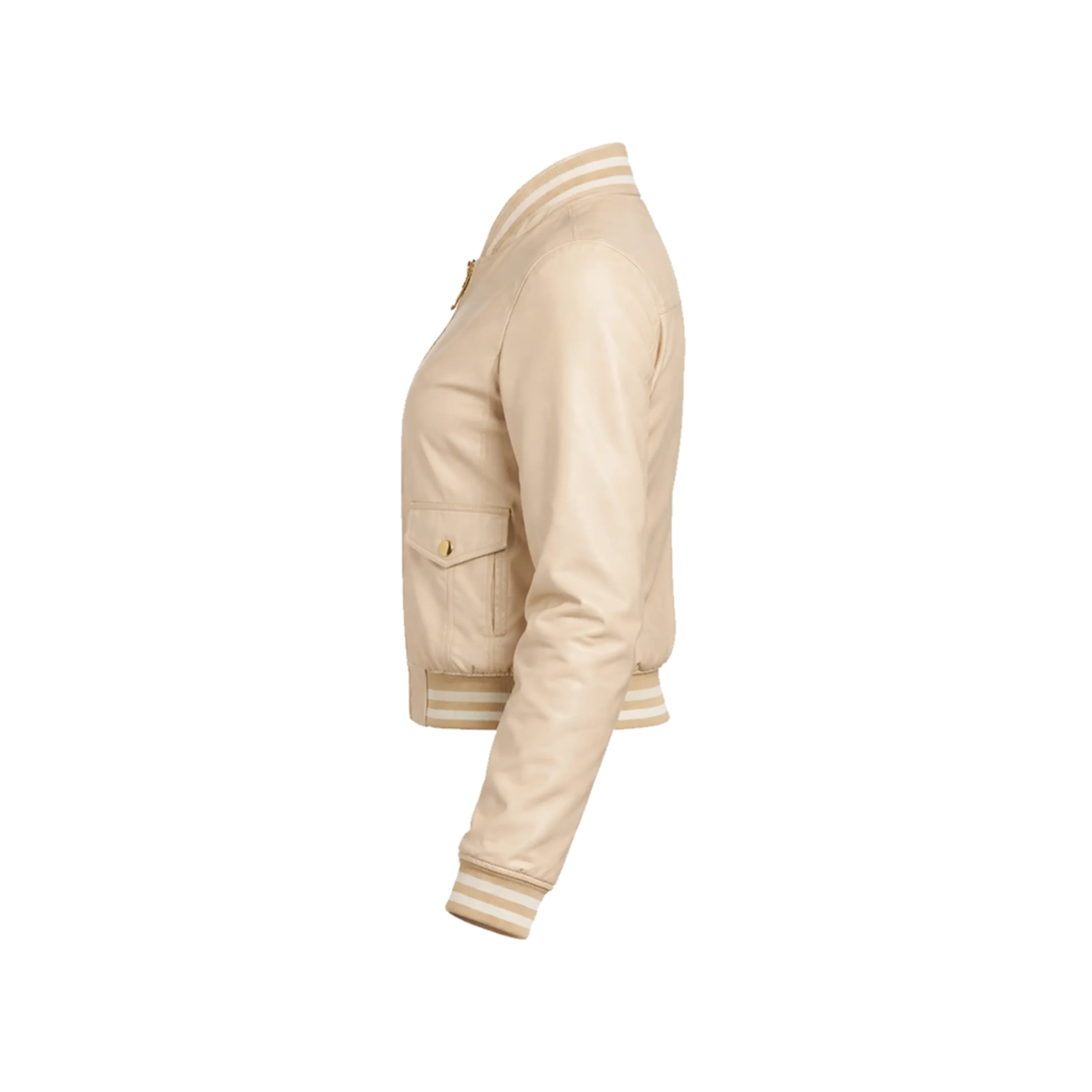 Beige Leather Flap Pocket Women’s Bomber Jacket