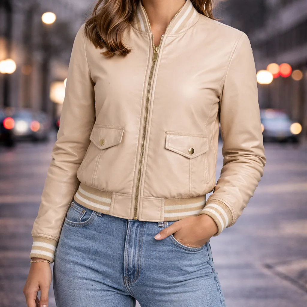 Beige Leather Flap Pocket Women’s Bomber Jacket