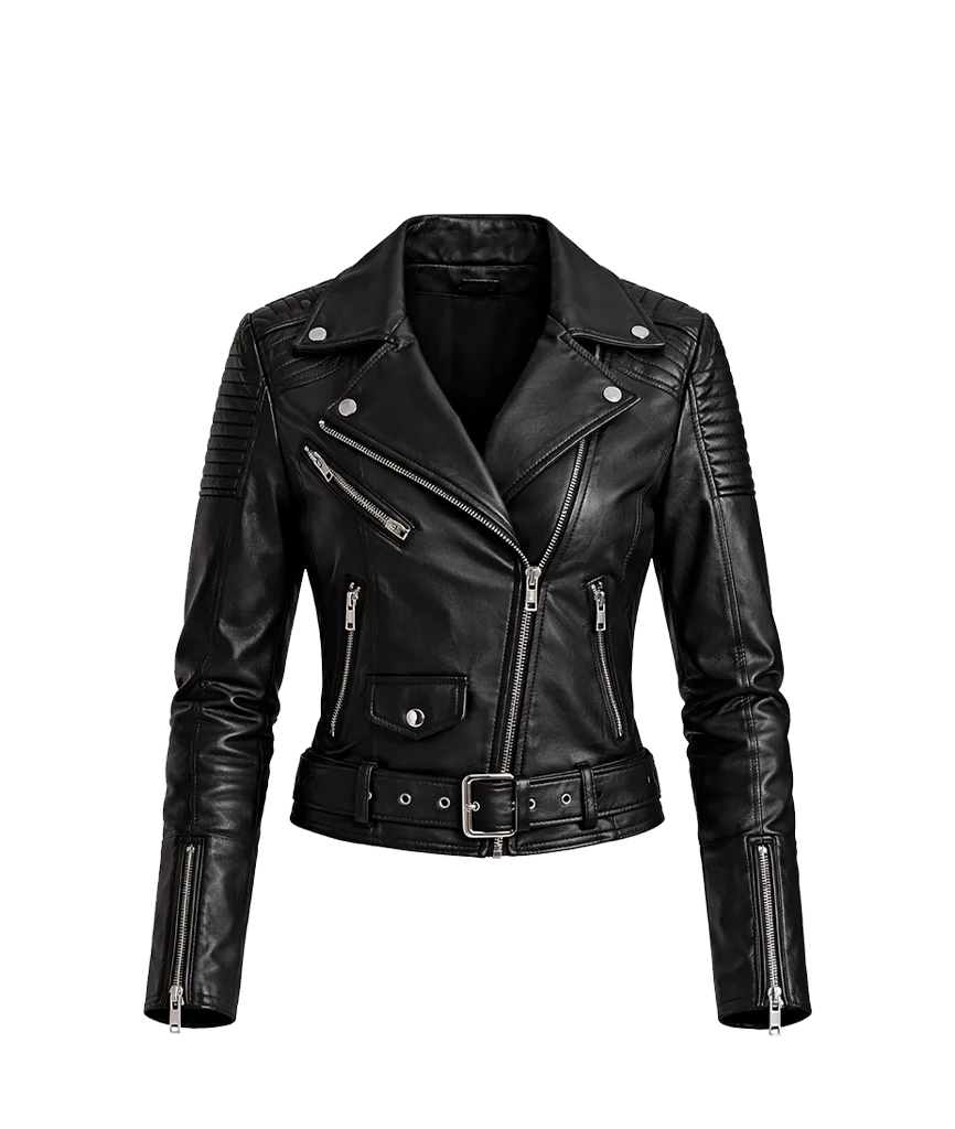 Classic Belted Black Leather Women Biker Jacket
