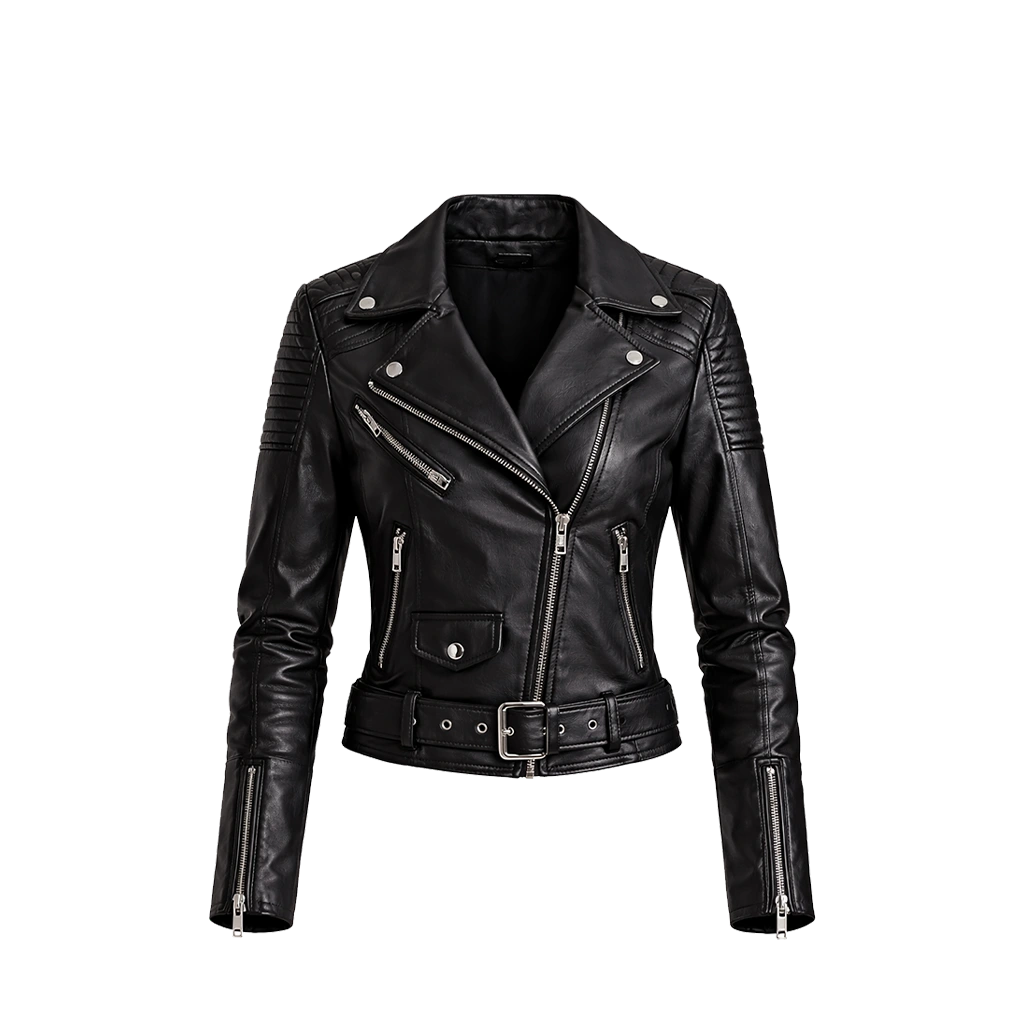 Classic Belted Black Leather Women Biker Jacket