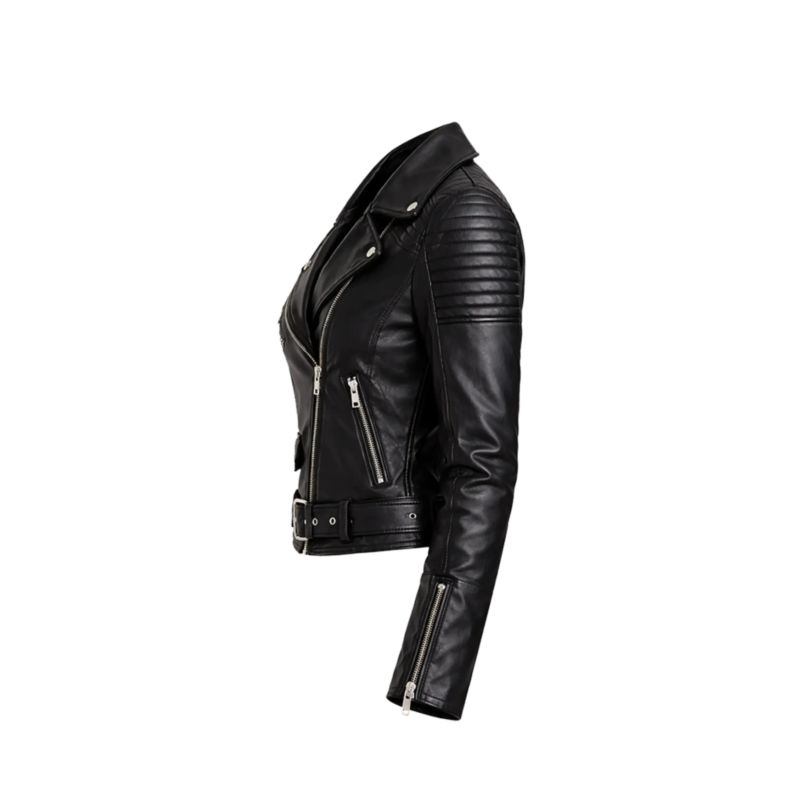 Classic Belted Black Leather Women Biker Jacket