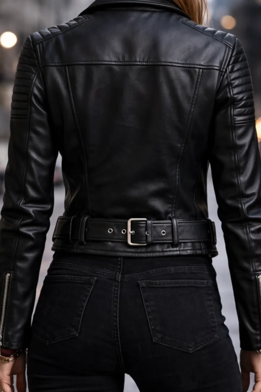 Classic Belted Black Leather Women Biker Jacket