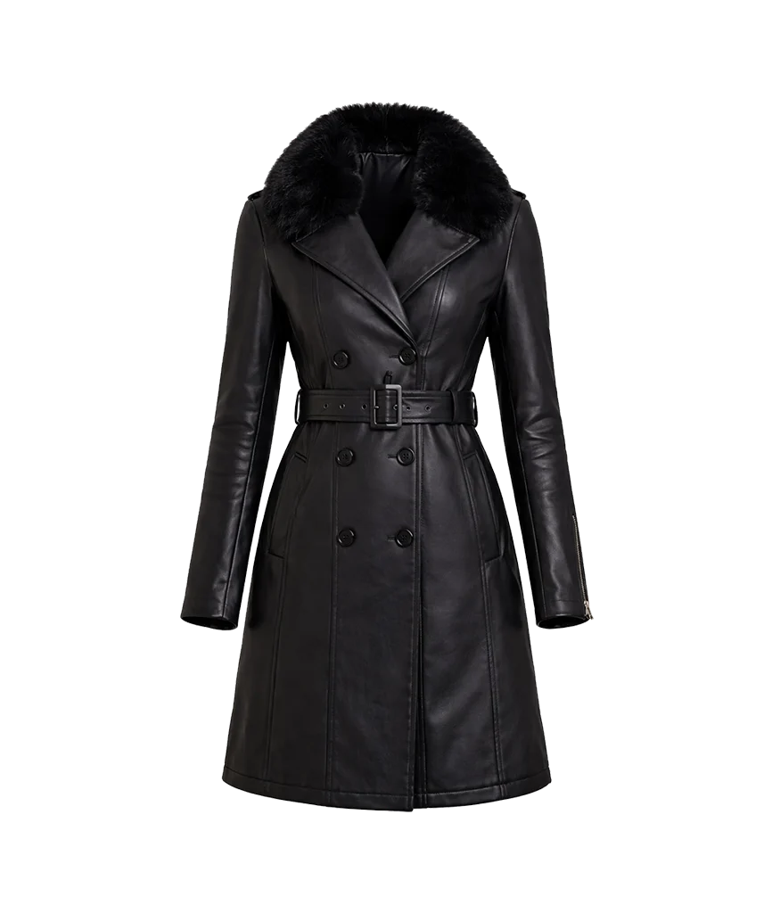 Empire Double-Breasted Belted Leather Coat