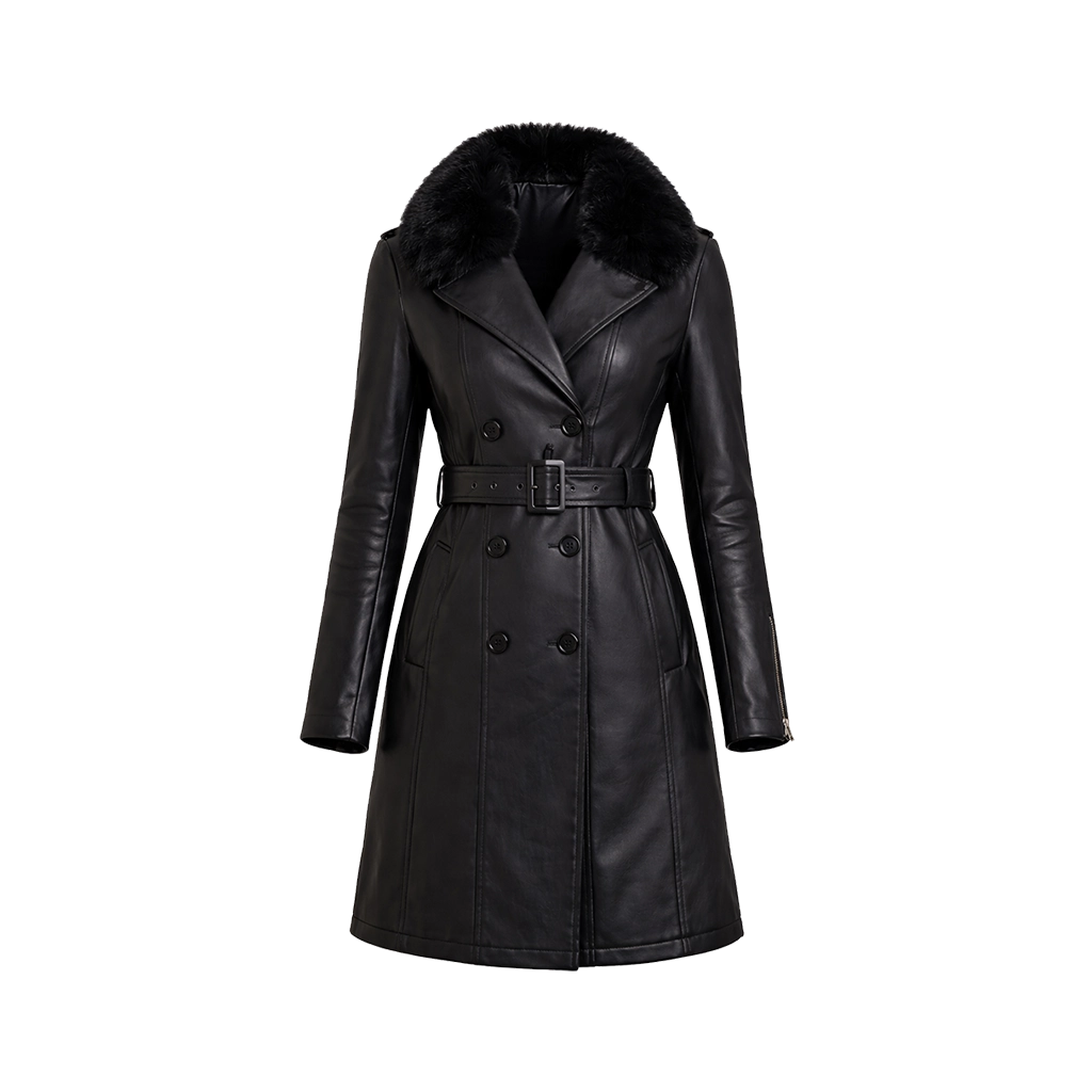 Empire Double-Breasted Belted Leather Coat