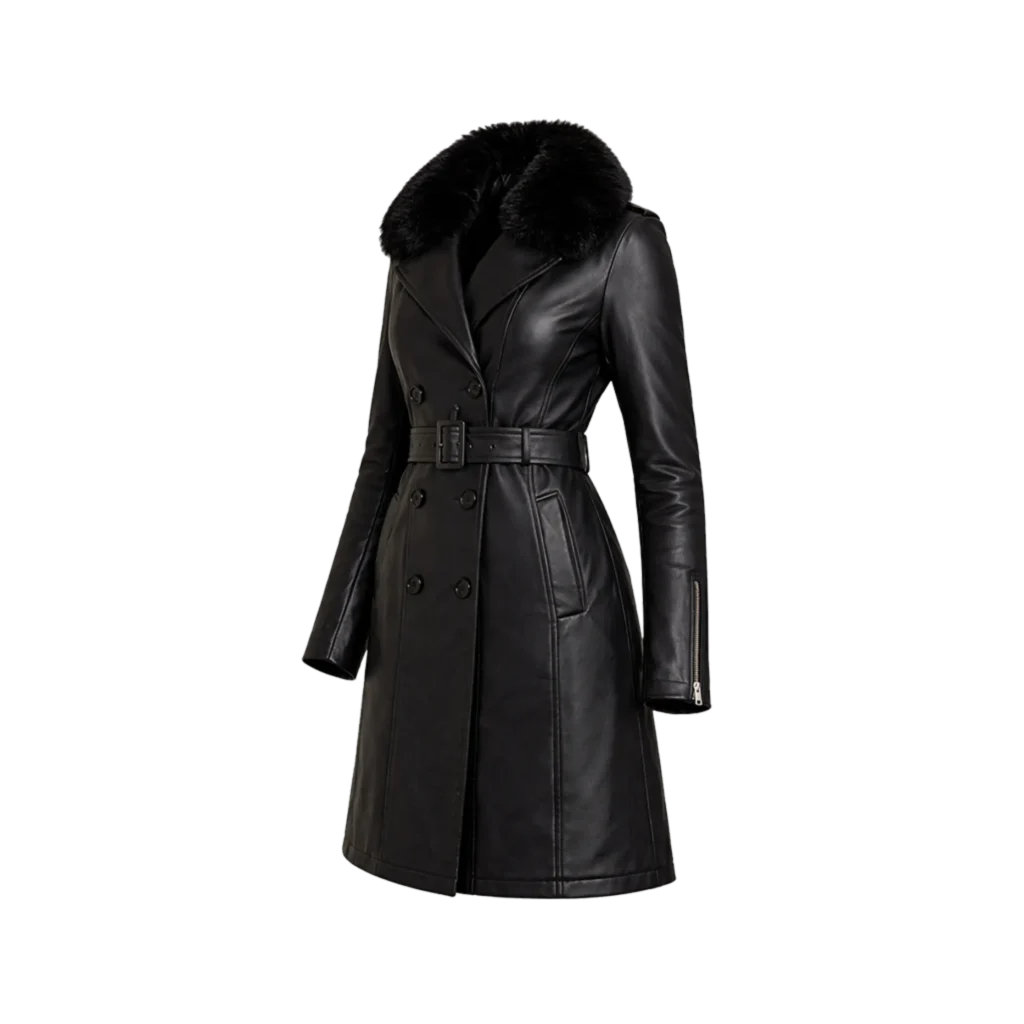 Empire Double-Breasted Belted Leather Coat