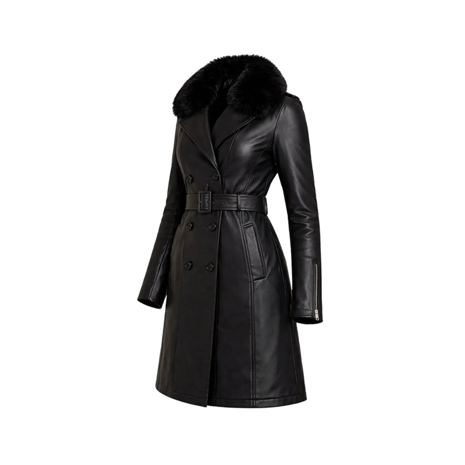 Empire Double-Breasted Belted Leather Coat