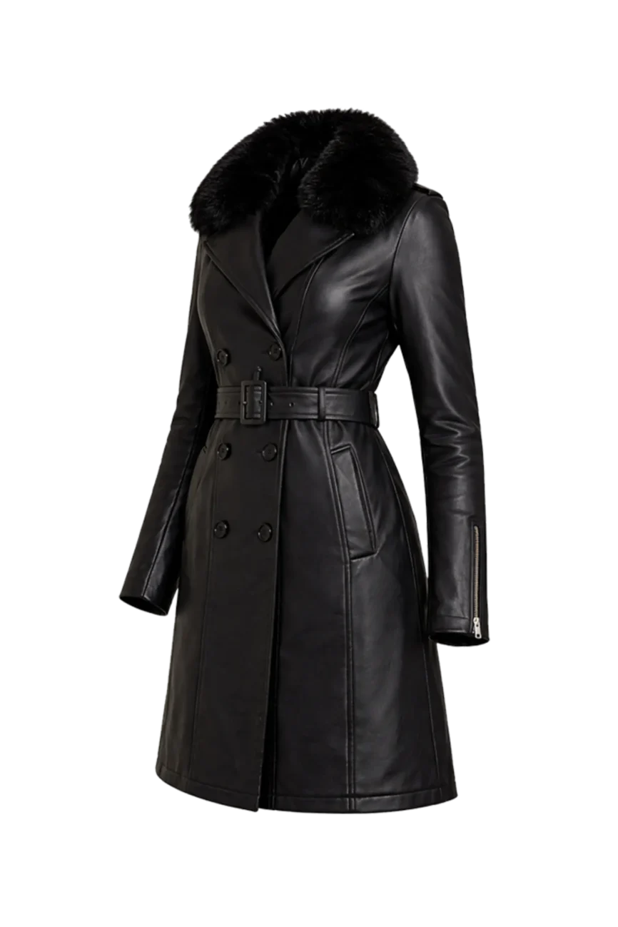 Empire Double-Breasted Belted Leather Coat