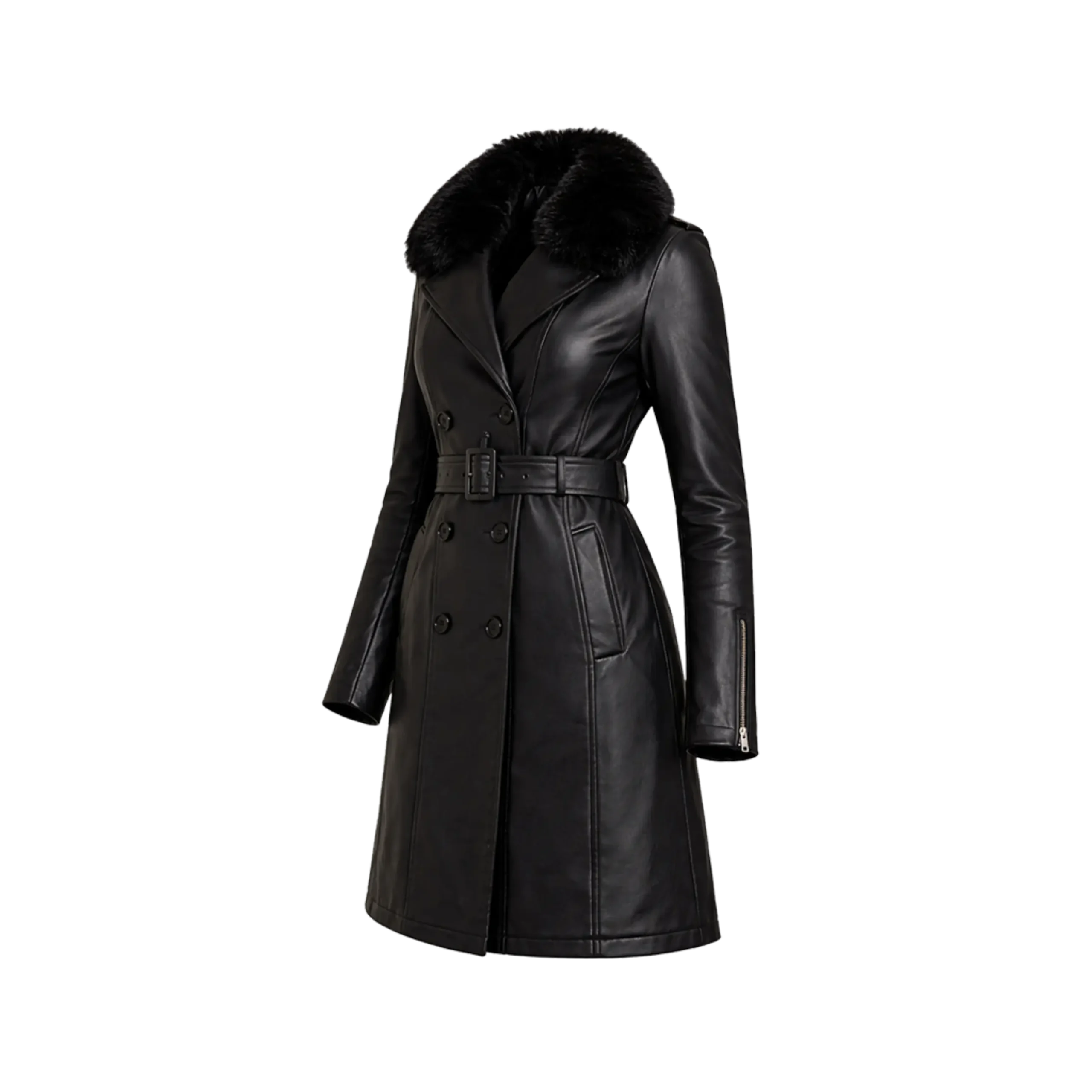 Empire Double-Breasted Belted Leather Coat