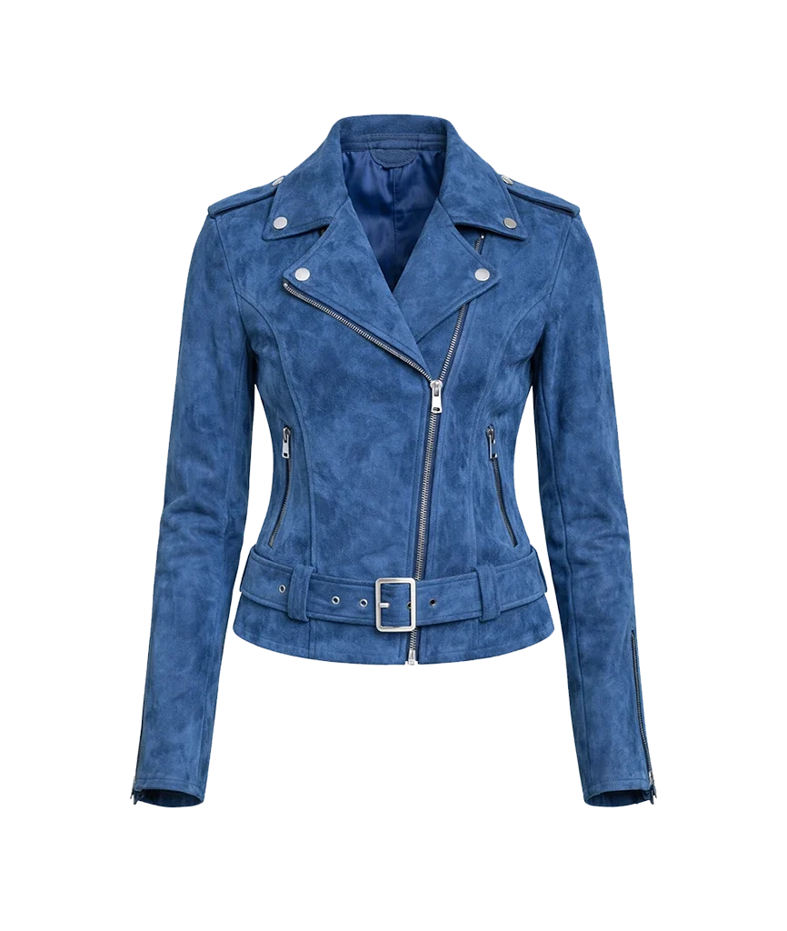 Azure Belted Suede Moto Outerwear