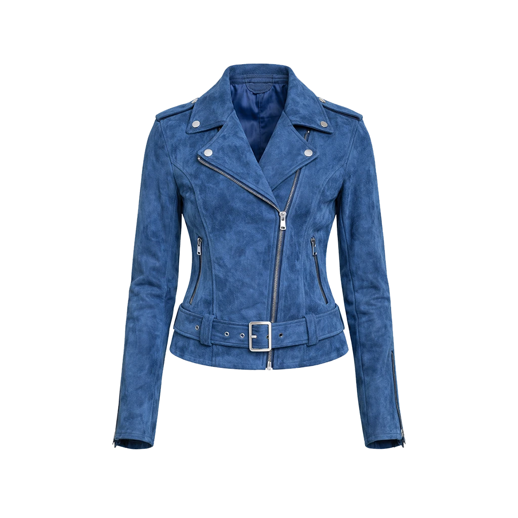 Azure Belted Suede Moto Outerwear