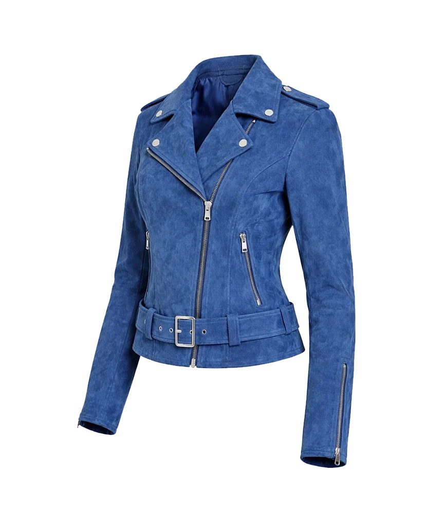 Azure Belted Suede Moto Outerwear