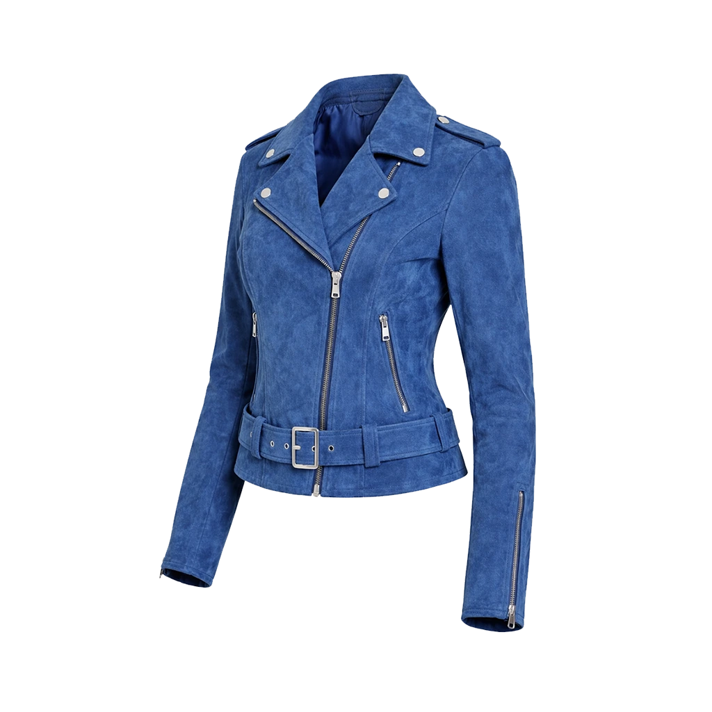 Azure Belted Suede Moto Outerwear