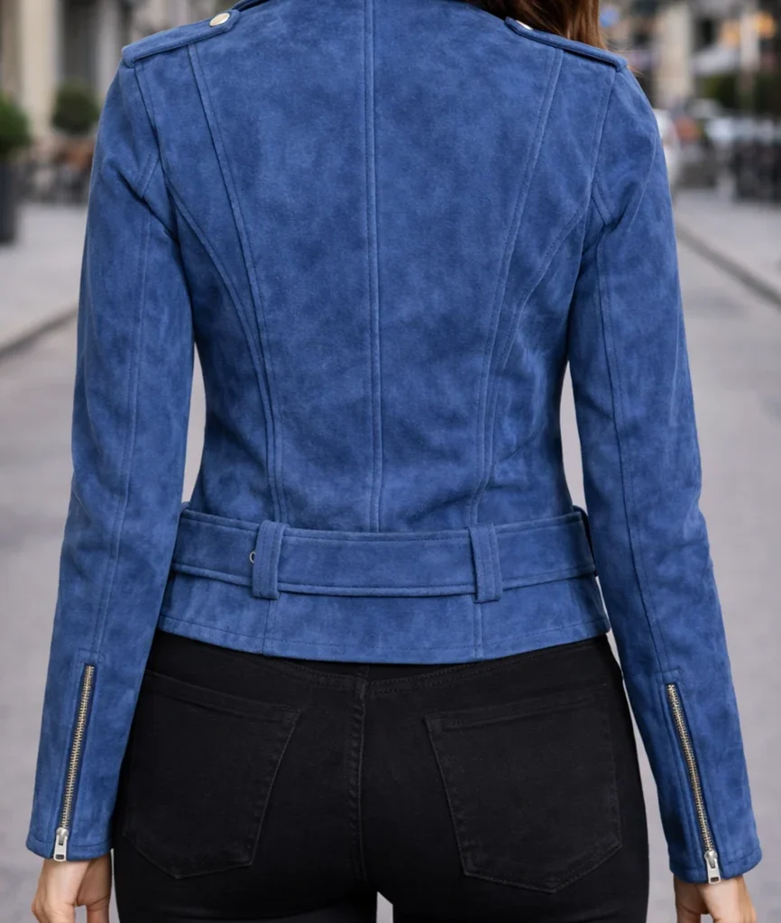 Azure Belted Suede Moto Outerwear