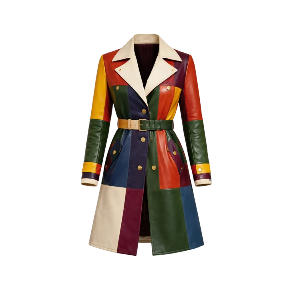 Colorblock Leather Trench Coat for Women
