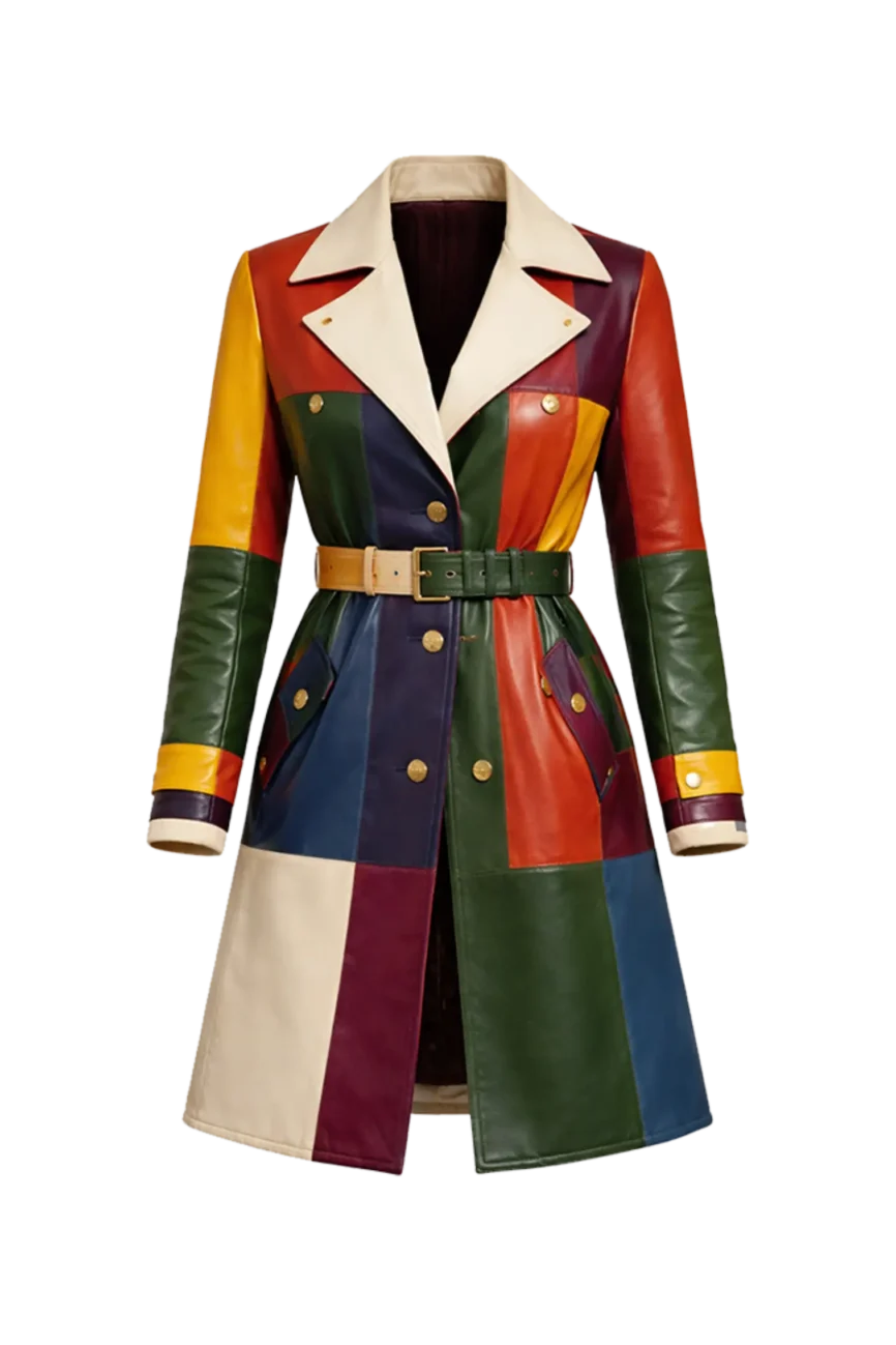 Colorblock Leather Trench Coat for Women