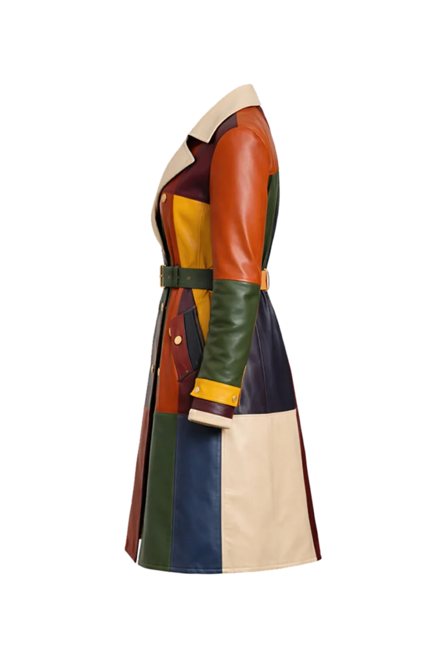 Colorblock Leather Trench Coat for Women