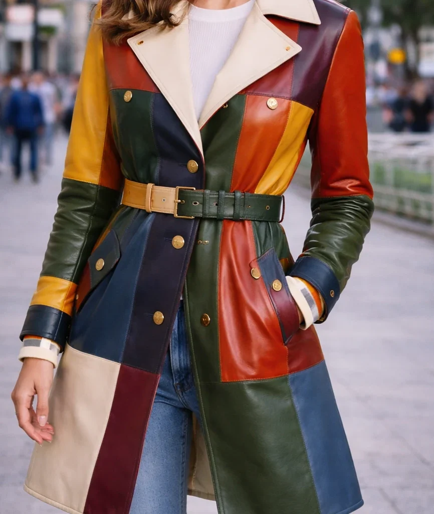 Colorblock Leather Trench Coat for Women