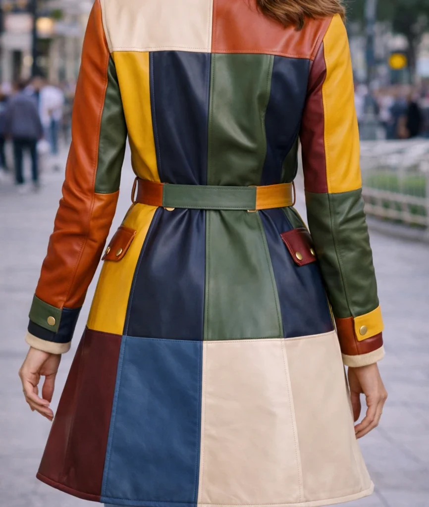 Colorblock Leather Trench Coat for Women
