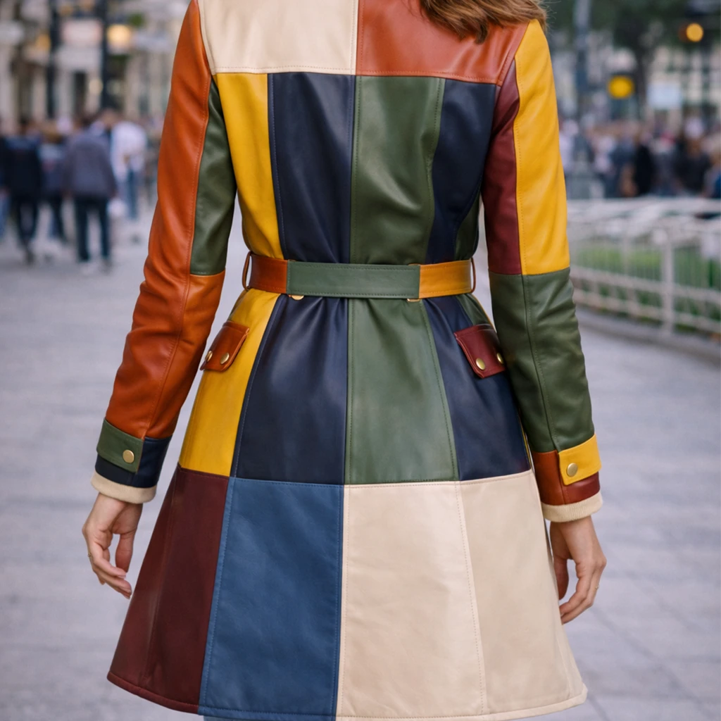Colorblock Leather Trench Coat for Women