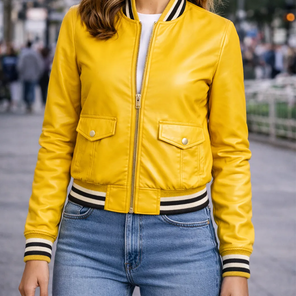 Urban Edge Yellow Leather Bomber Jacket