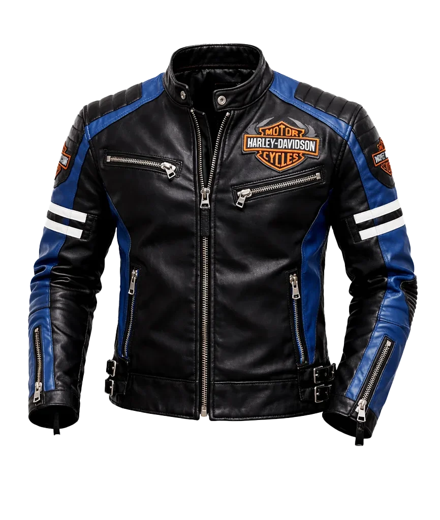 Men’s Harley Blue Stripe Leather Biker Jacket