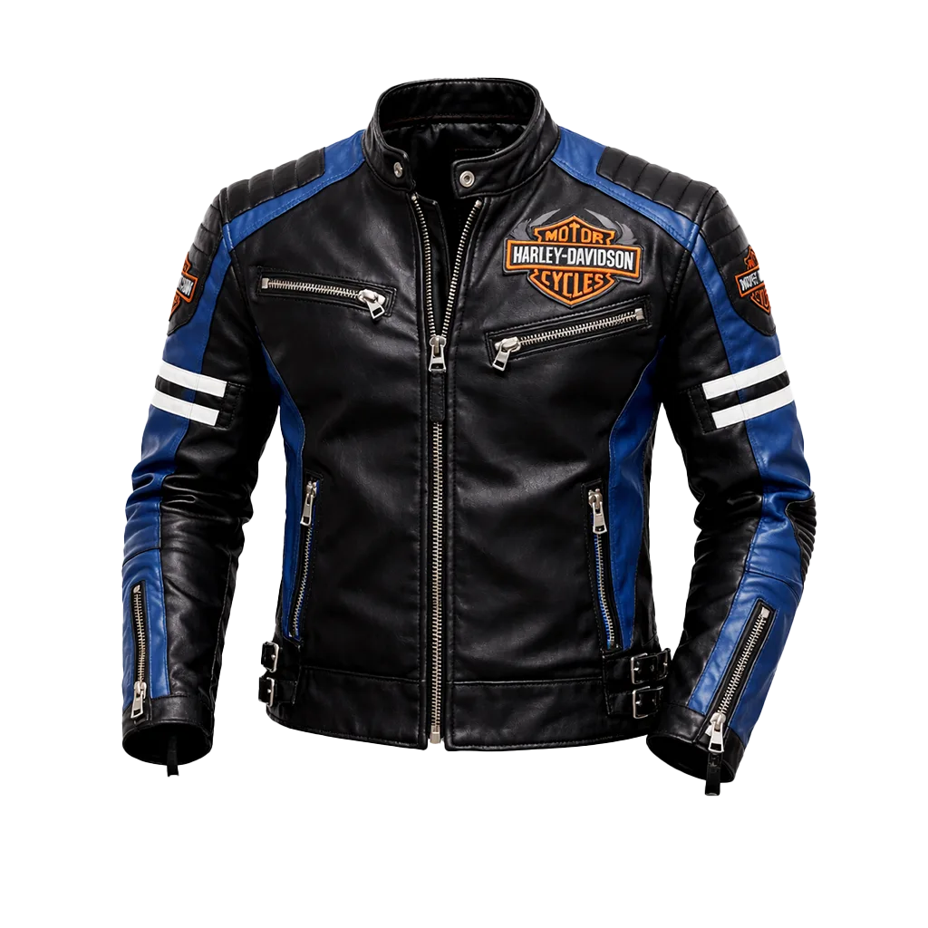 Men's Harley Blue Stripe Leather Biker Jacket