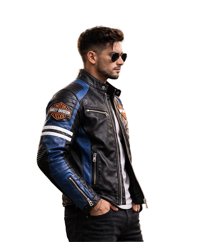 Men’s Harley Blue Stripe Leather Biker Jacket